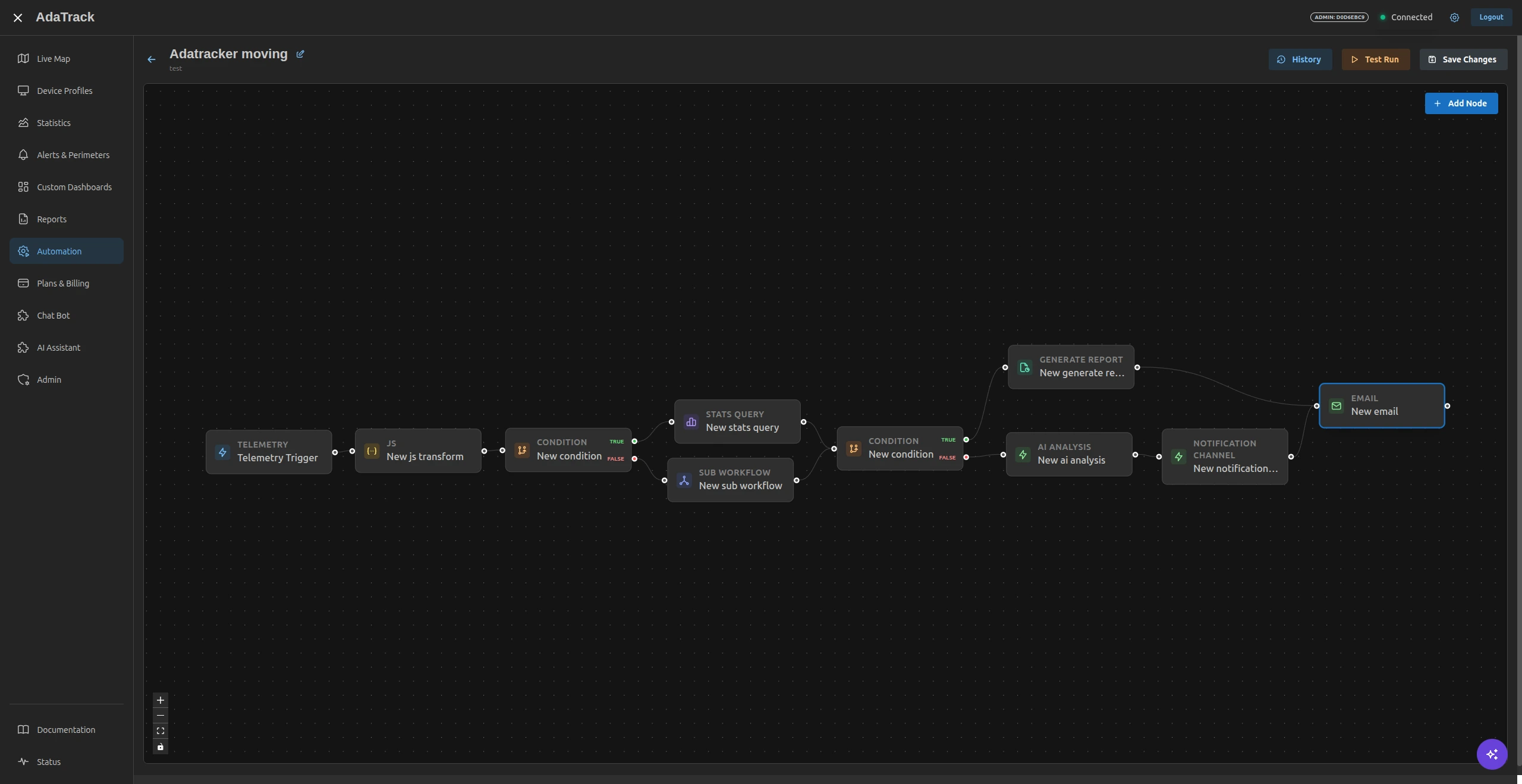 Automated workflow builder reacting to geofence and telemetry events